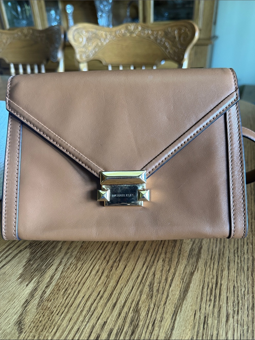 Michael Kors Brown Leather Envelope Crossbody Bag with Gold Hardware